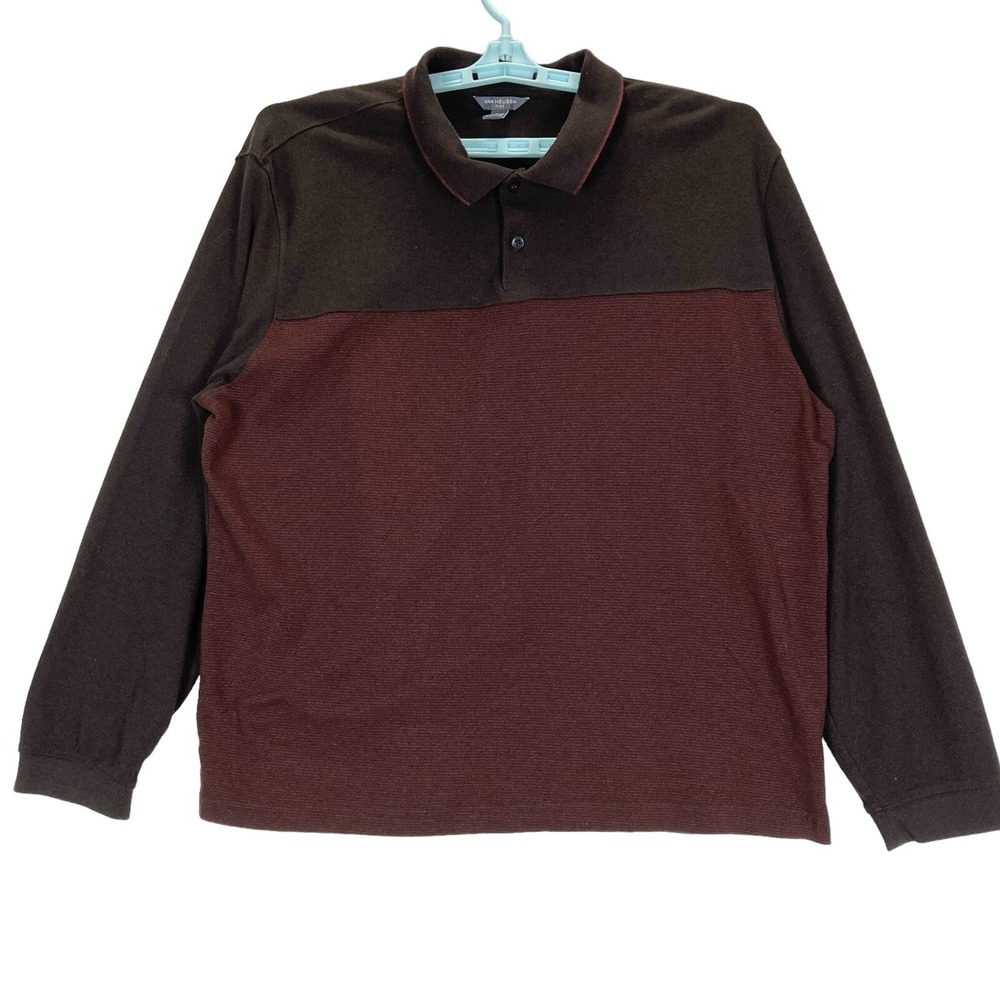 Van Heusen Men's Flex Polo Size XXL Pull Over Classic Button Brown Wine Striped